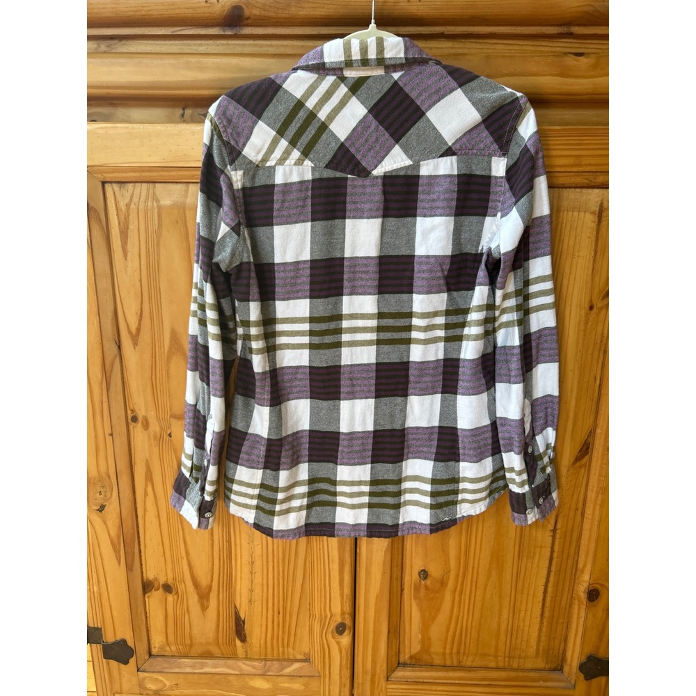 Stio Womens Plaid Flannel Shirt Purple Olive Green Cotton Button Down Medium - Picture 5 of 7